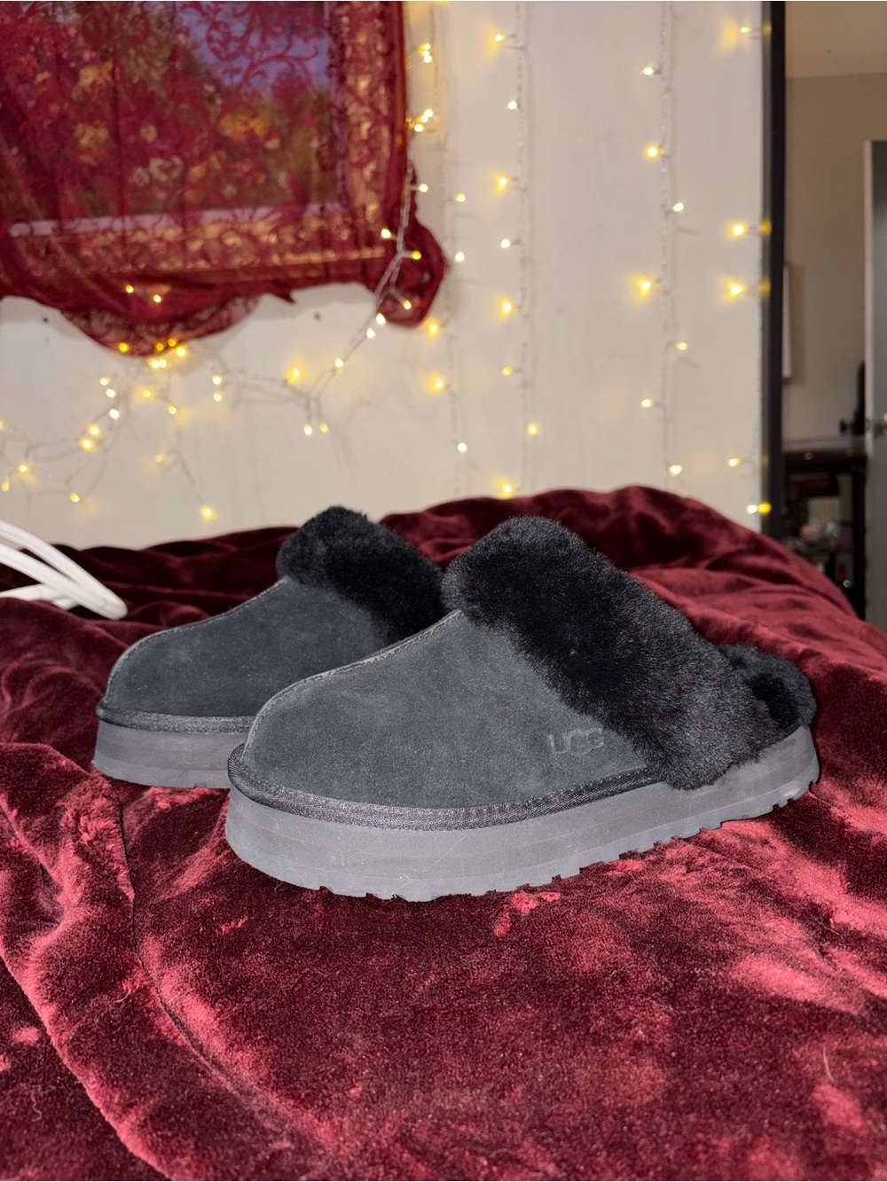 UGG Women's Black Suede Shearling Clog Slippers